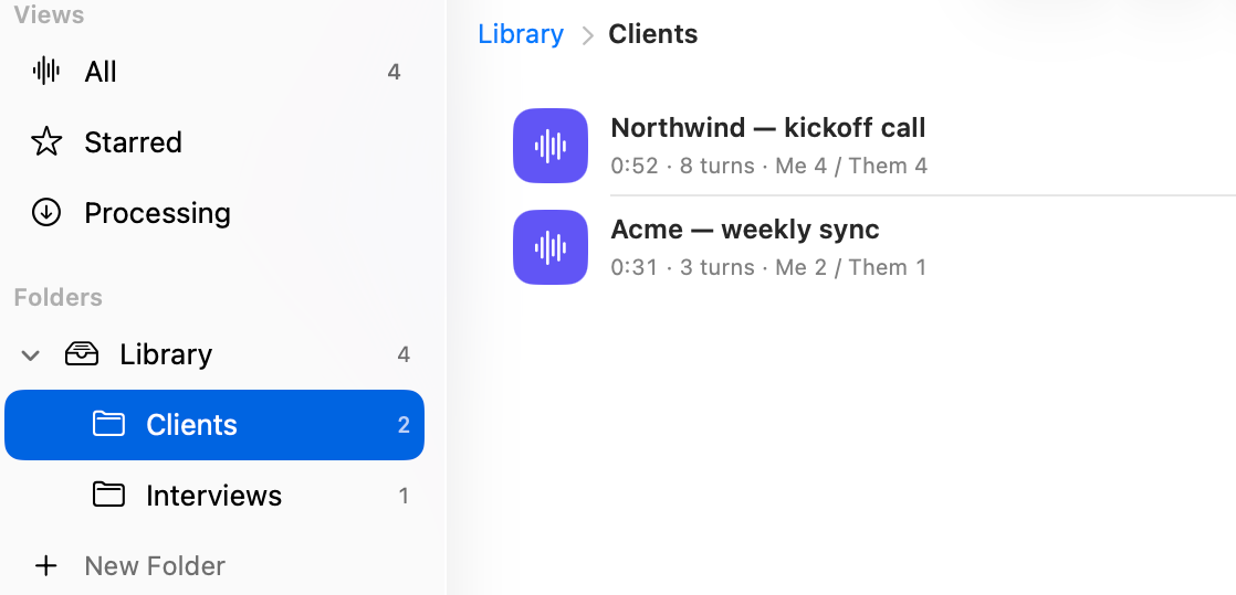 Sidebar with folders named Clients and Interviews beside a list of recorded sessions