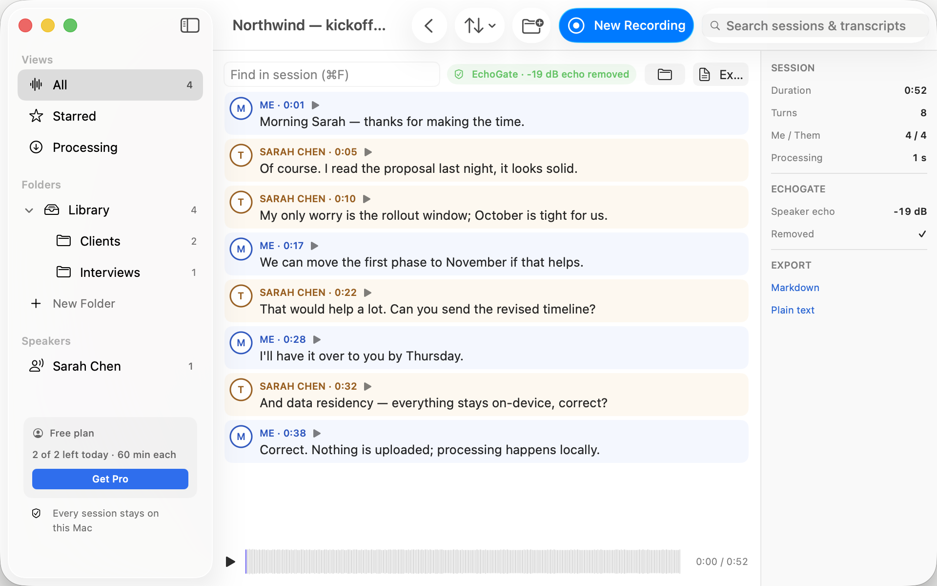 Diphony showing a transcript with each line attributed to a speaker